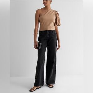 Express Ladies Black Skimming One Shoulder Puff Sleeve Tee NWT Size XL
